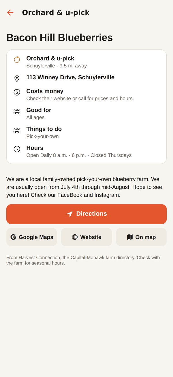 A farm’s page with hours, address and directions