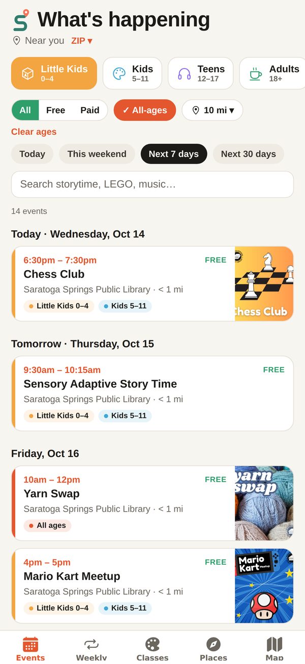 Events tab showing today’s story times and kids’ programs