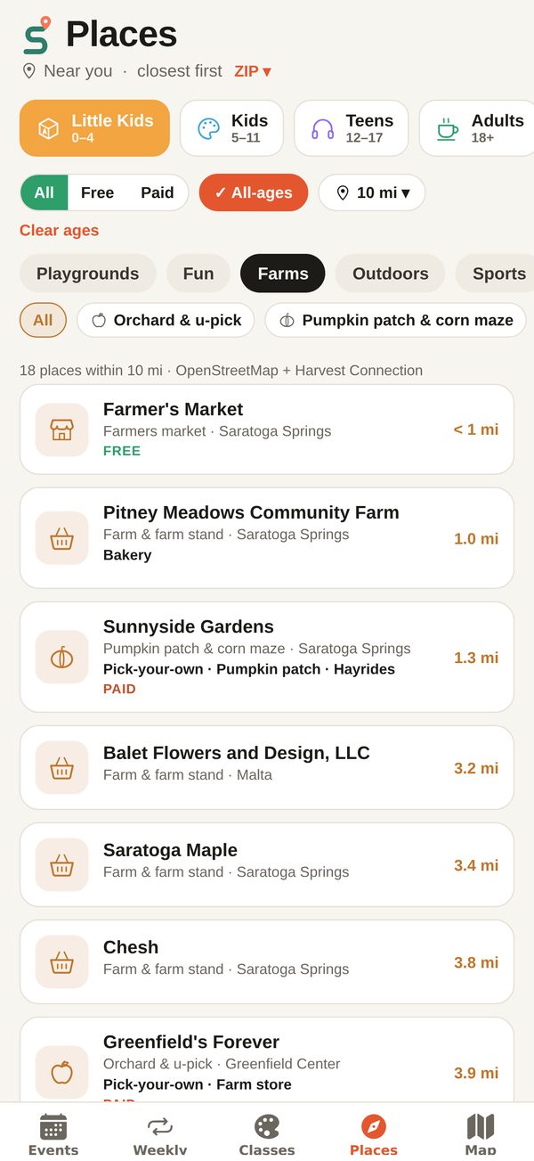 Places tab listing nearby farms and orchards